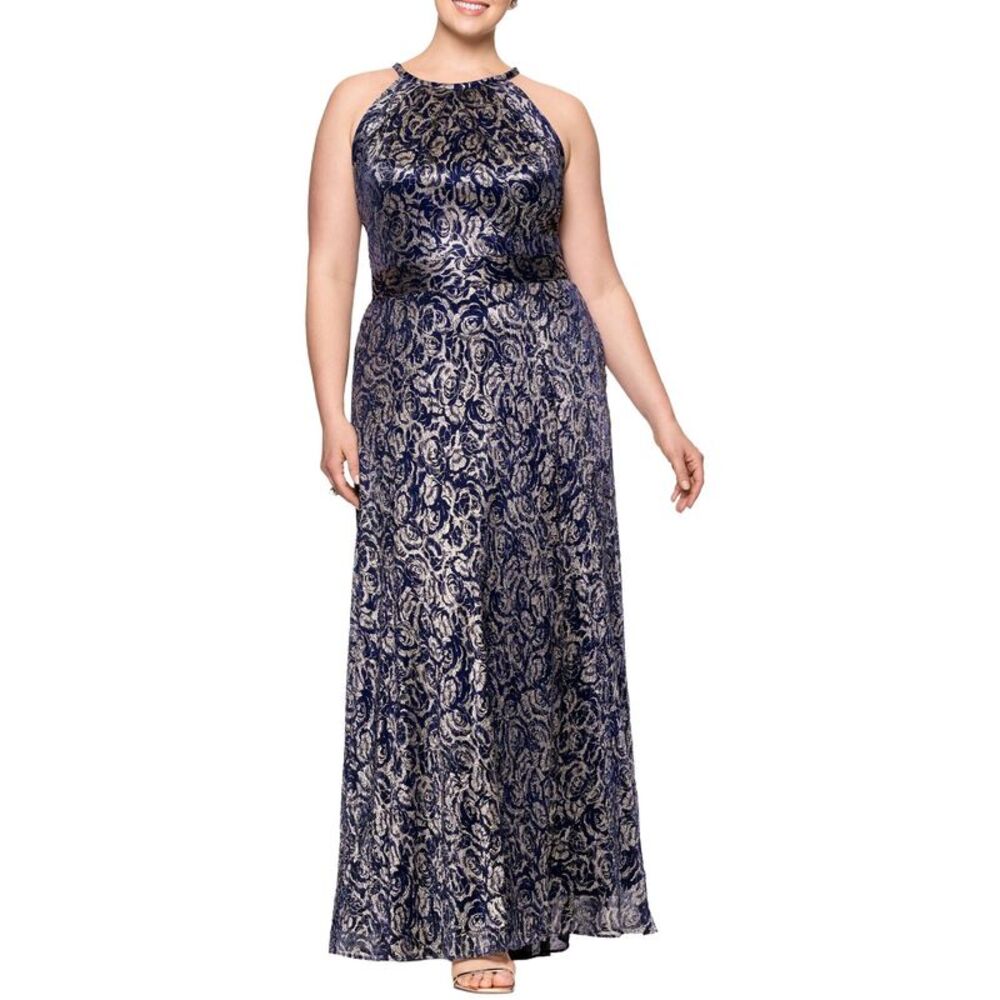 Betsy & Adam Womens Plus Size Metallic Floral Print Gown 14W Navy/Gold NWT $299